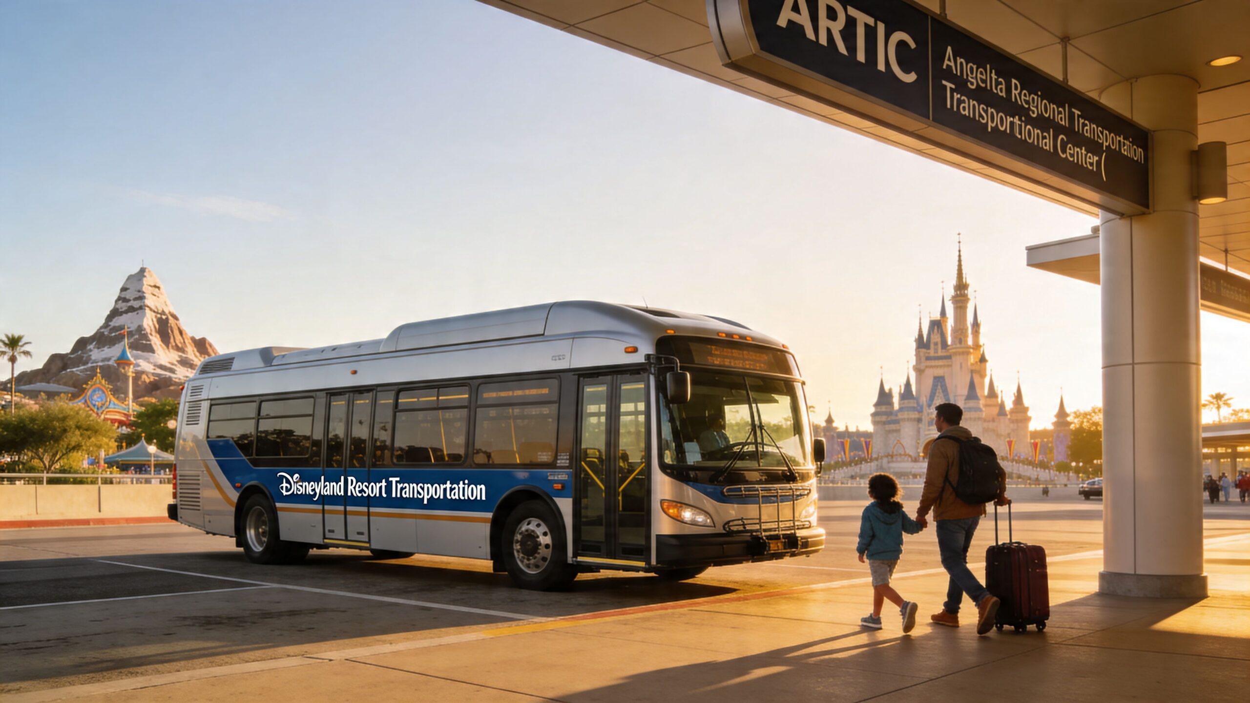 Train to Disneyland from San Diego: The 2026 Guide 3 Rides On Time A father and child walk towards a Disneyland Resort Transportation bus at a station near a castle.