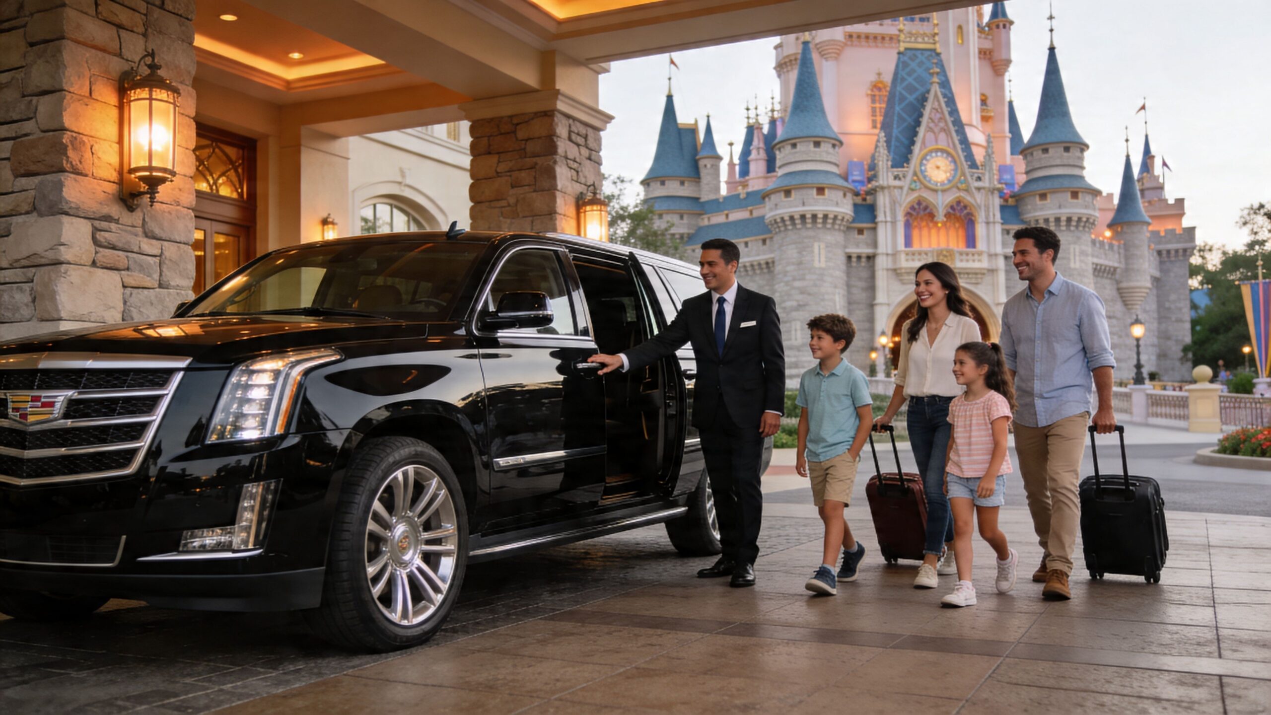 Train to Disneyland from San Diego: The 2026 Guide 4 Rides On Time A chauffeur opens a luxury SUV door for a happy family arriving at a Disney castle resort.