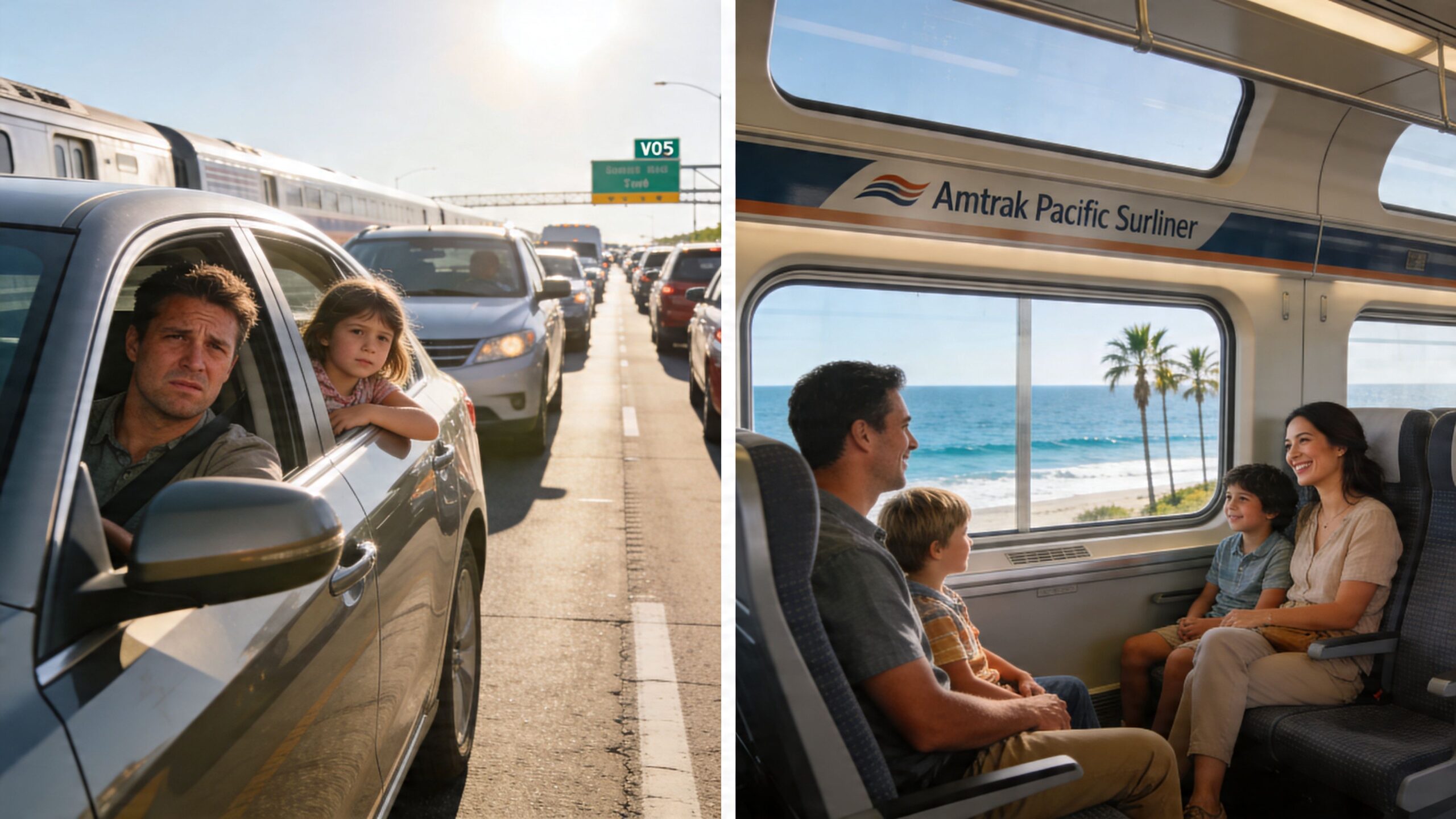 Train to Disneyland from San Diego: The 2026 Guide 1 Rides On Time A split screen comparing a father and daughter stuck in traffic to a happy family enjoying a train ride.