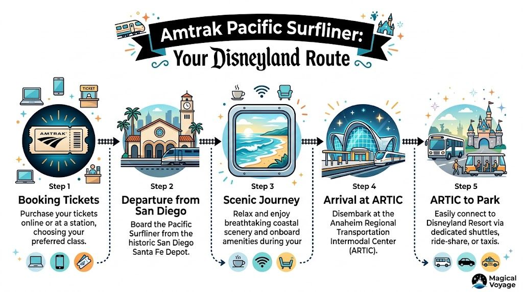 Train to Disneyland from San Diego: The 2026 Guide 2 Rides On Time A step-by-step infographic illustrating the travel process from San Diego to Disneyland via the Amtrak Pacific Surfliner train.