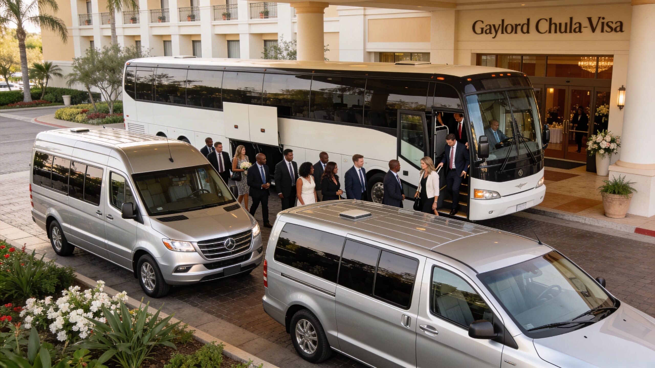A professional group of people disembarking a tour bus at the Gaylord Chula Vista in San Diego.