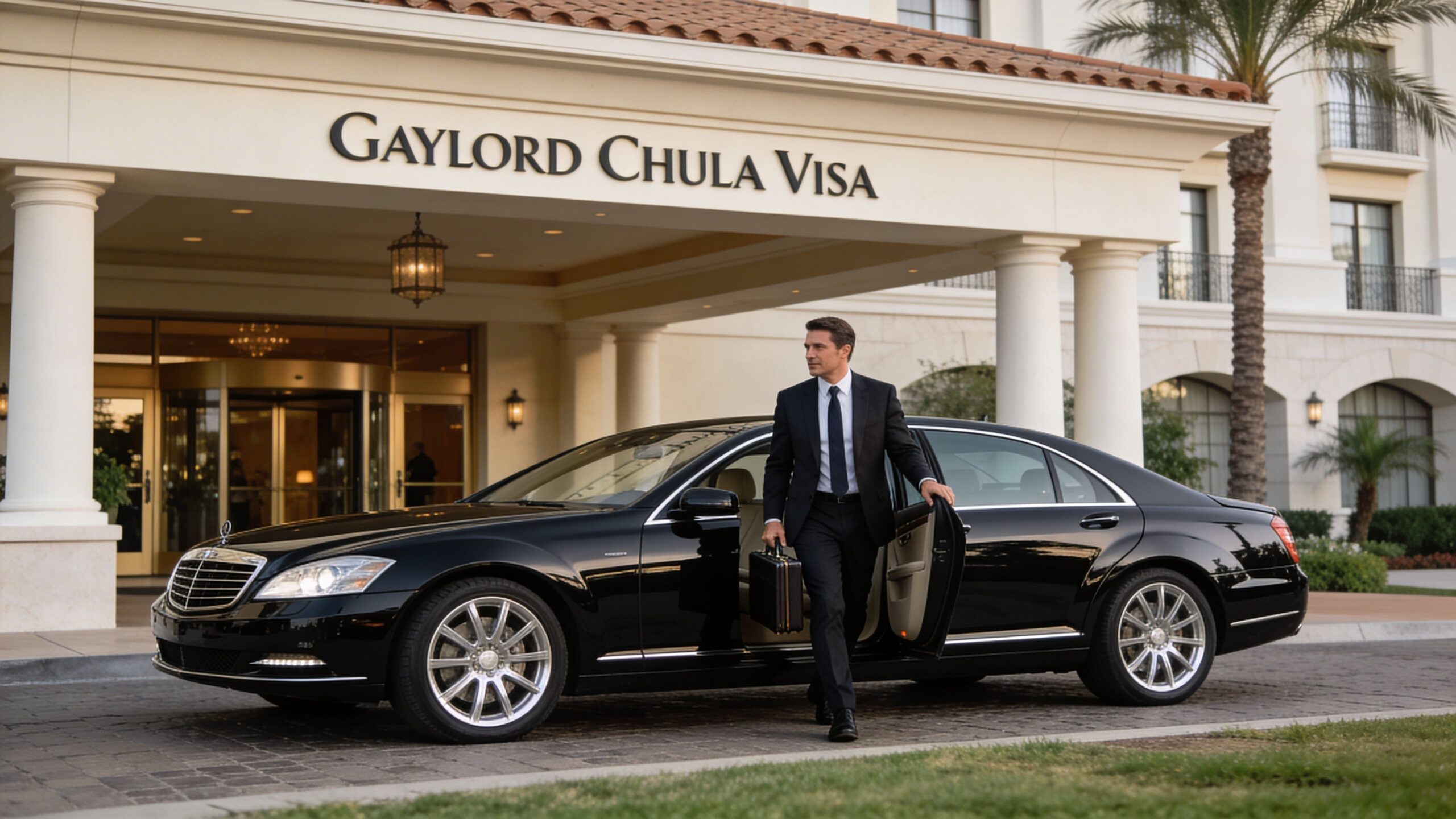 A professional man in a suit stepping out of a luxury black car at a hotel entrance.