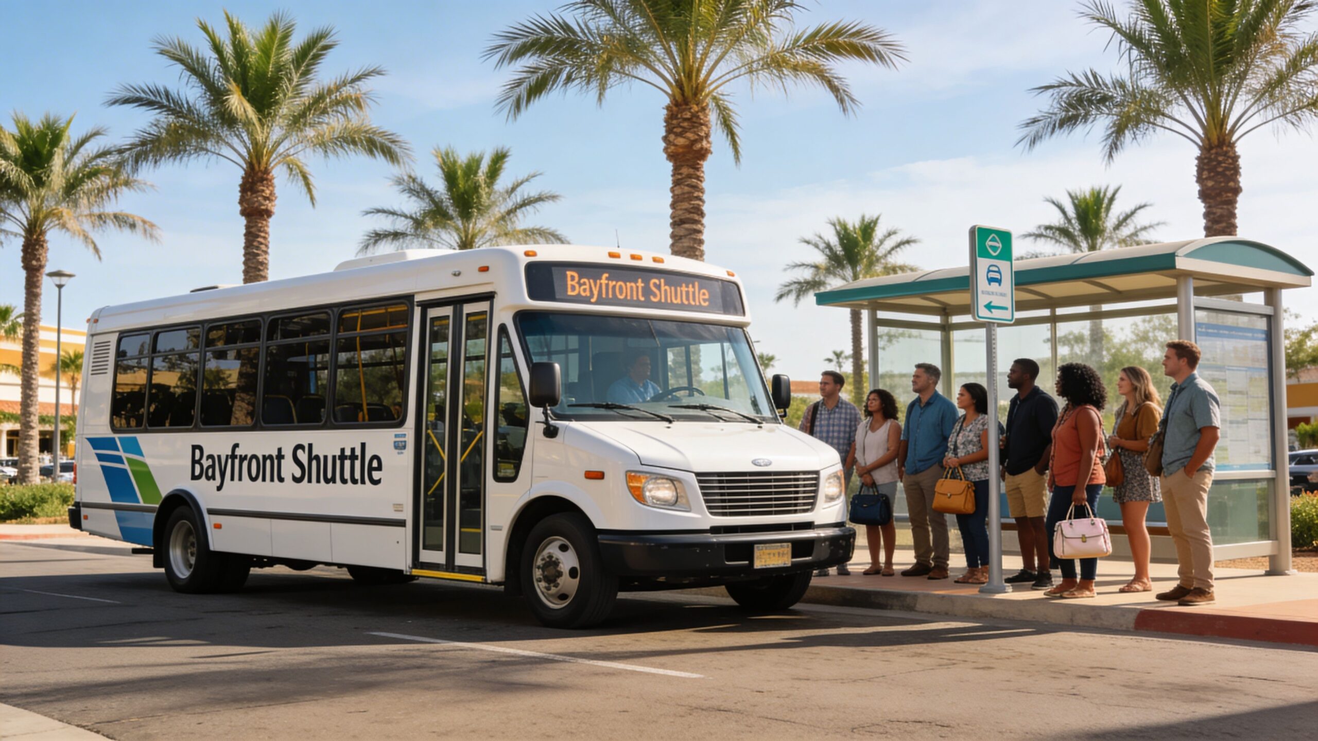 A group of people waits for the Bayfront Shuttle bus at a bus stop under palm trees.