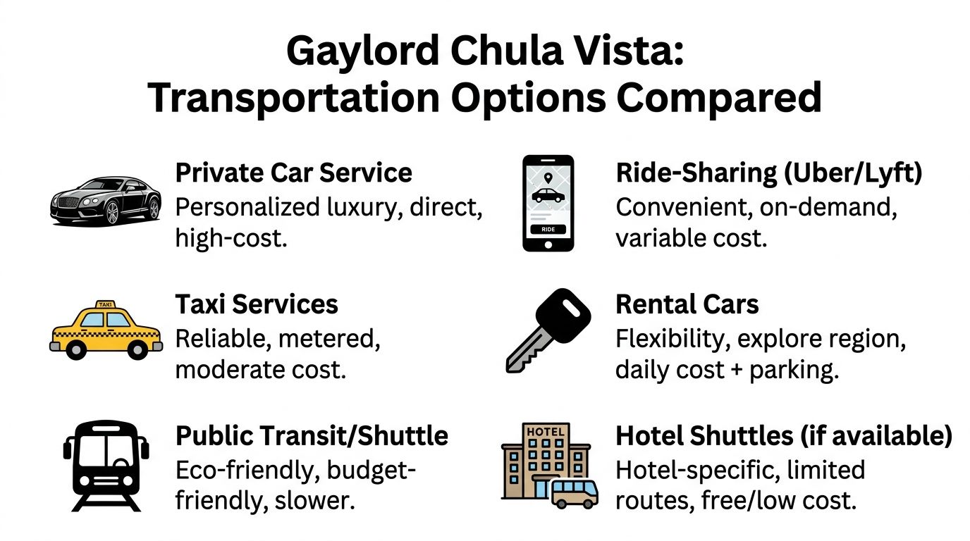 A comparison chart outlining various transportation options for guests visiting the Gaylord Chula Vista resort.