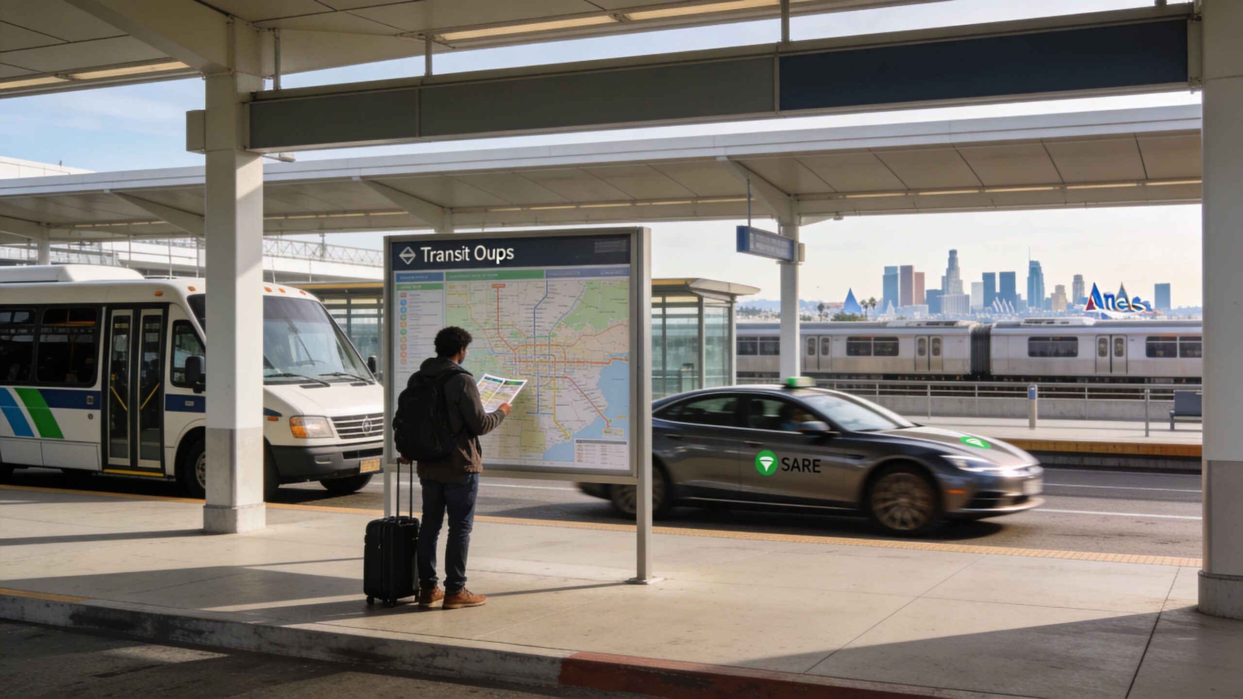 Your Guide to Transportation to Los Angeles 1 Rides On Time A traveler with a suitcase checks a transit map at a bus station in Los Angeles.