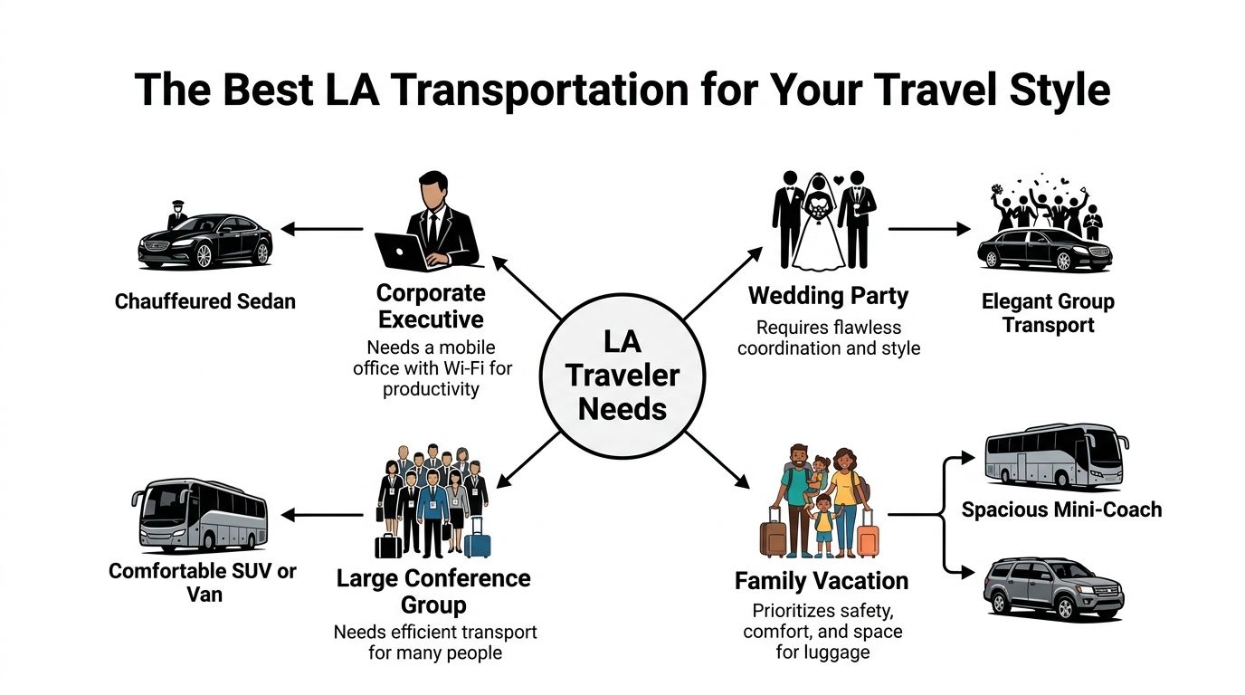 Your Guide to Transportation to Los Angeles 3 Rides On Time An infographic illustrating various transportation options in Los Angeles tailored to different traveler needs and group sizes.