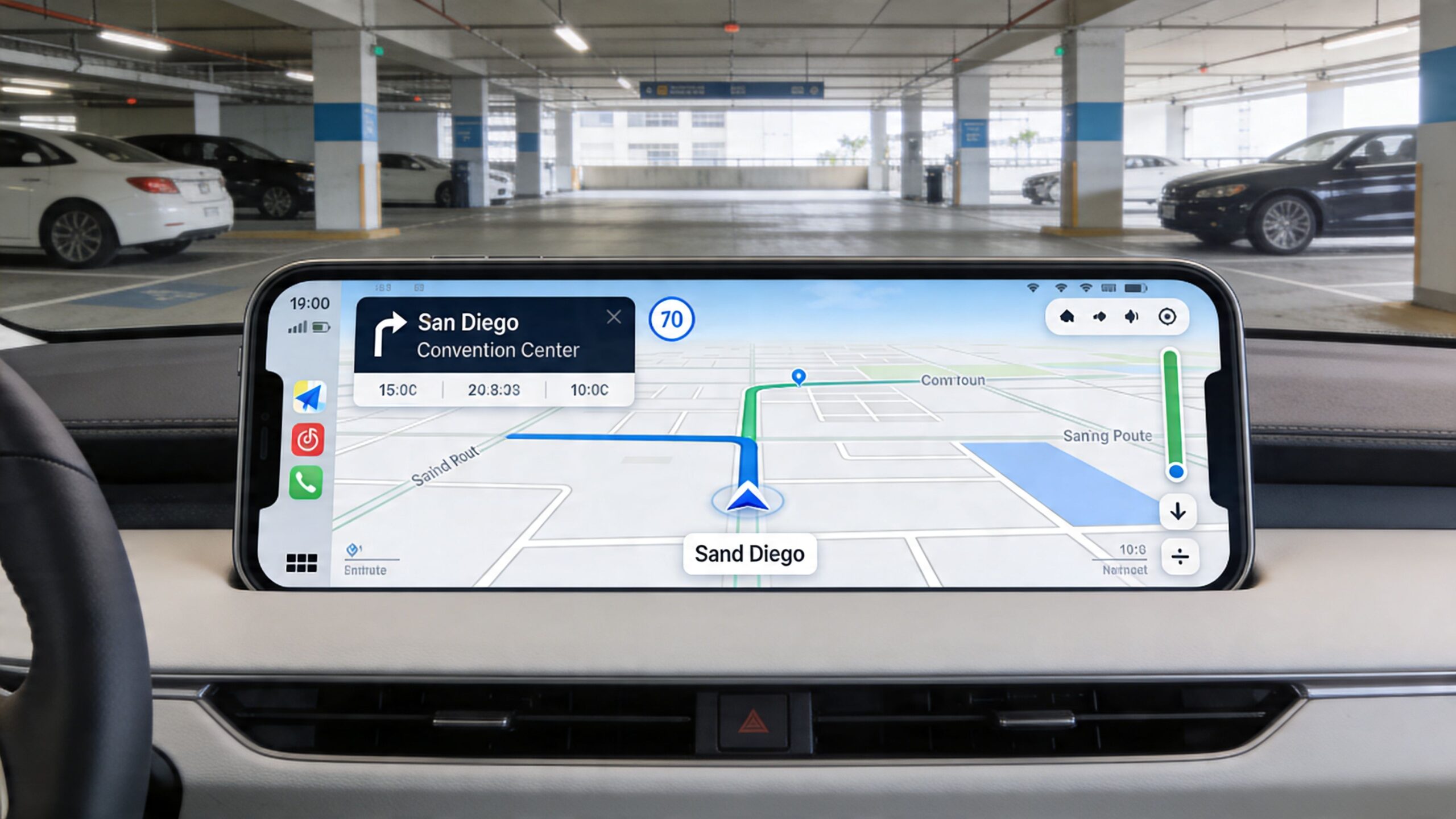 Transportation to San Diego Convention Center: A Guide 3 Rides On Time A car navigation screen displaying a map and route guidance to the San Diego Convention Center.
