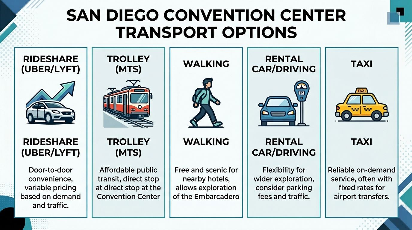 Transportation to San Diego Convention Center: A Guide 2 Rides On Time A visual guide summarizing transportation options for visitors to the San Diego Convention Center, including rideshare, trolley, walking, driving, and taxis.