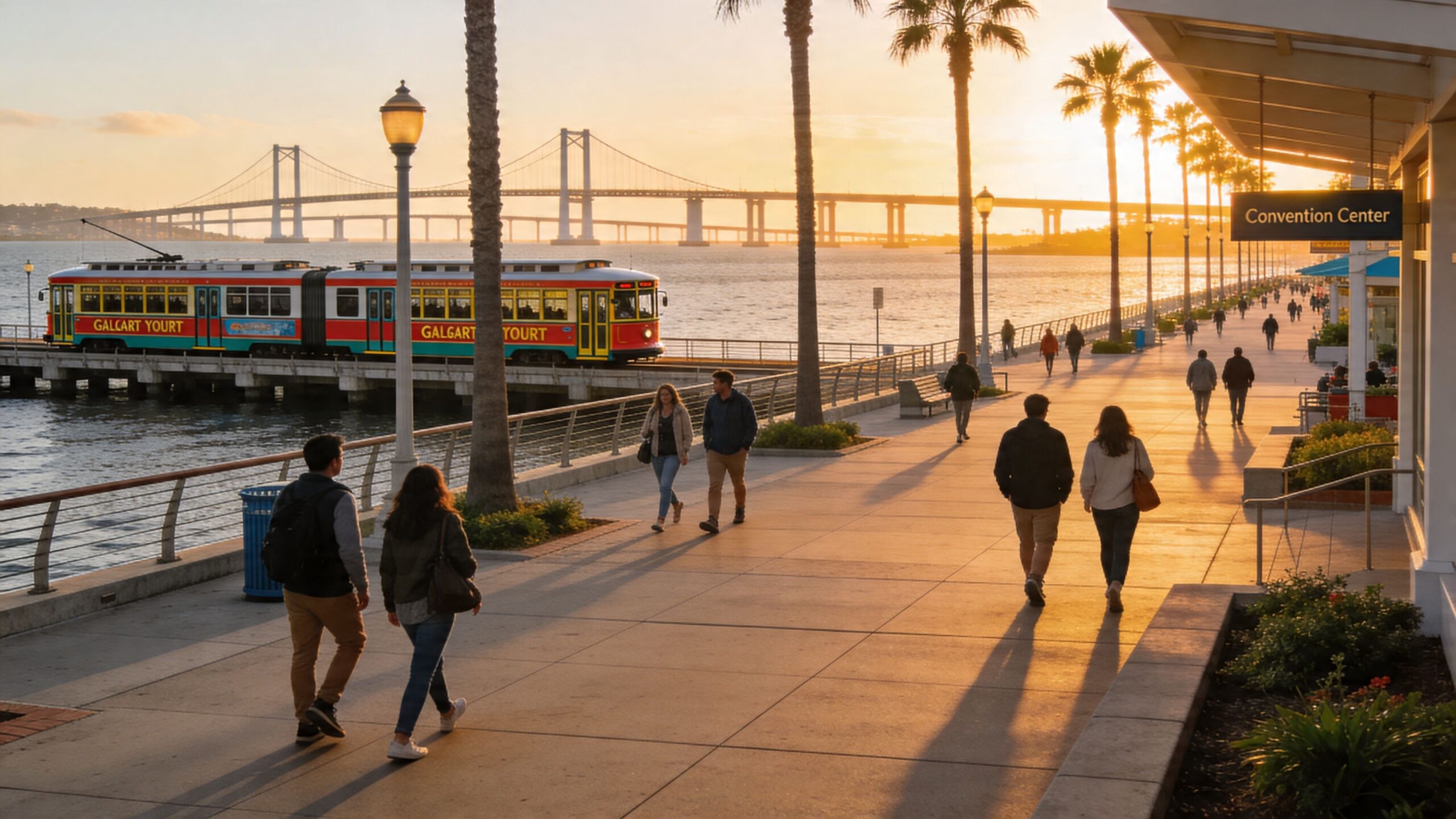 Transportation to San Diego Convention Center: A Guide 4 Rides On Time People walking along a scenic waterfront promenade near the San Diego Convention Center at sunset.