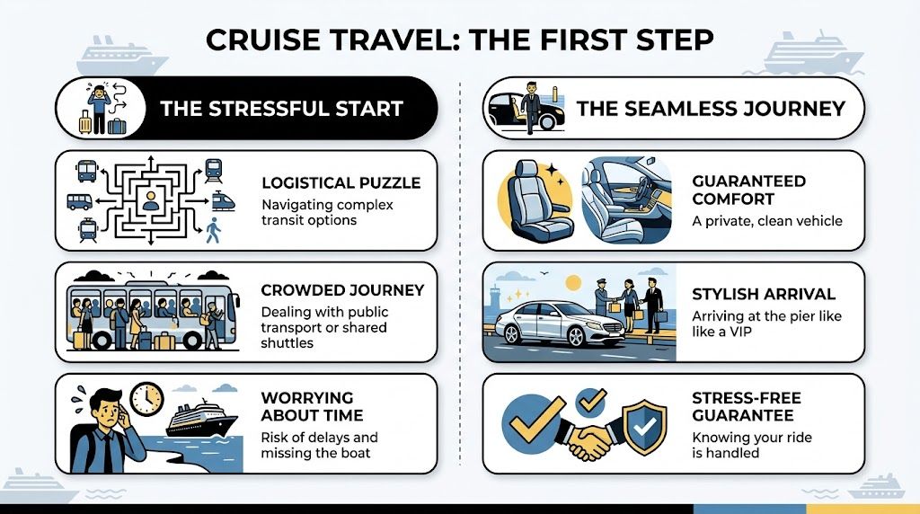 Transportation to San Diego Cruise Ship Terminal: 2026 Guide 1 Rides On Time A comparison infographic showing stressful public transit versus the benefits of private transportation to a cruise ship.