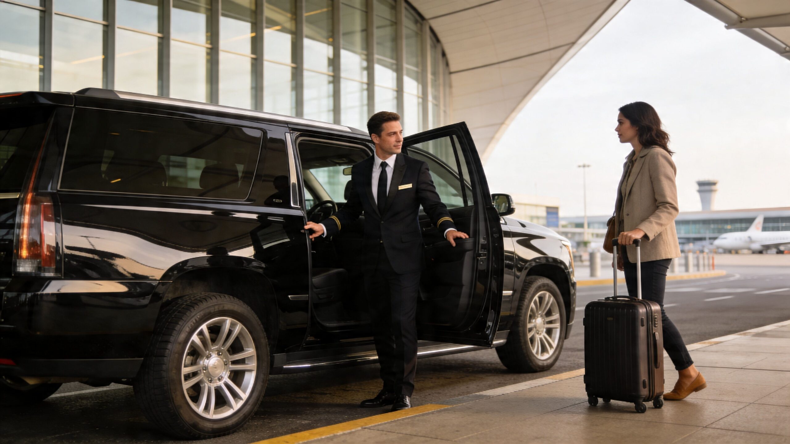Transportation to San Diego Cruise Ship Terminal: 2026 Guide 2 Rides On Time A professional chauffeur opens the door of a luxury SUV for a woman arriving at an airport.