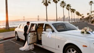 wedding limo san diego couple sunset Rides On Time