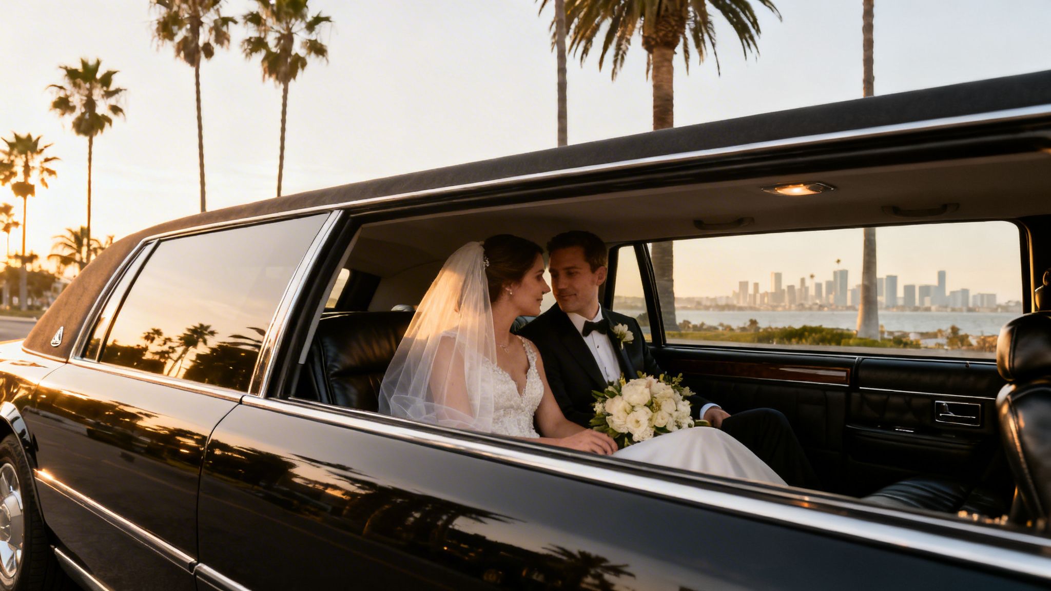 Newlyweds in a black limousine with a city skyline and palm trees at golden hour.