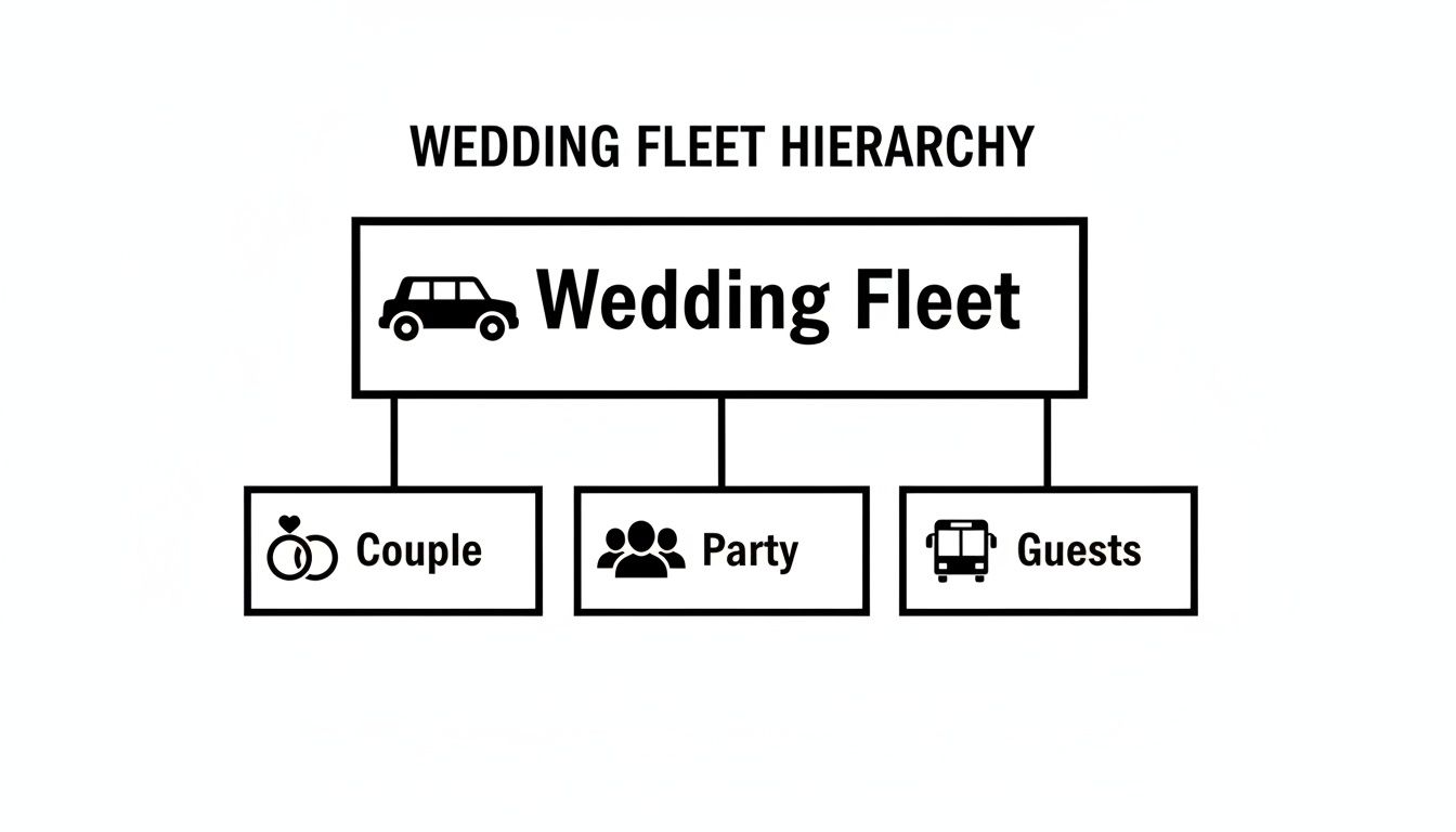 A black and white hierarchy chart showing 'Wedding Fleet' at the top, branching to 'Couple', 'Party', and 'Guests'.