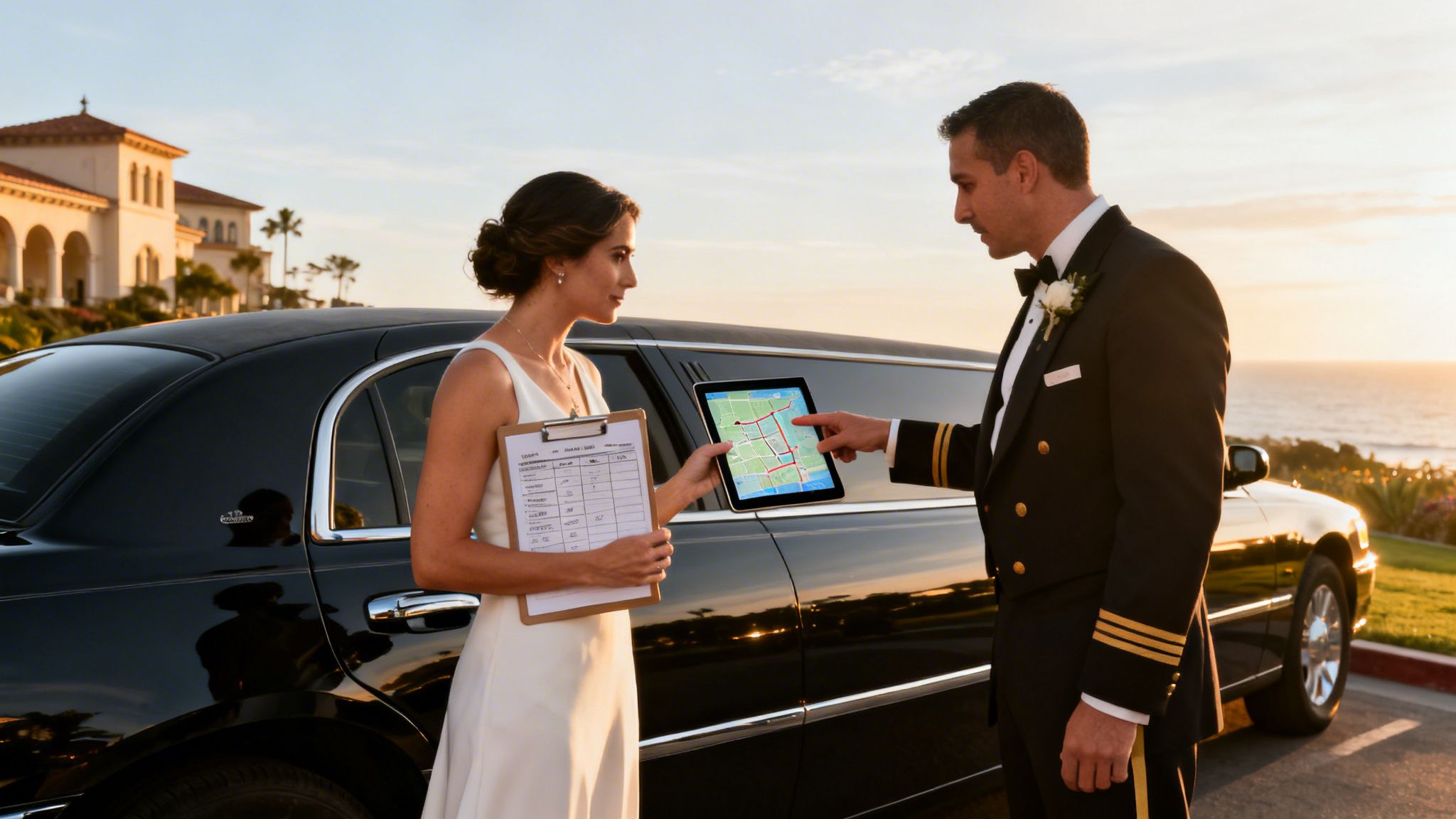 Formal couple by a limousine reviews a map on a tablet with a scenic sunset and ocean view.