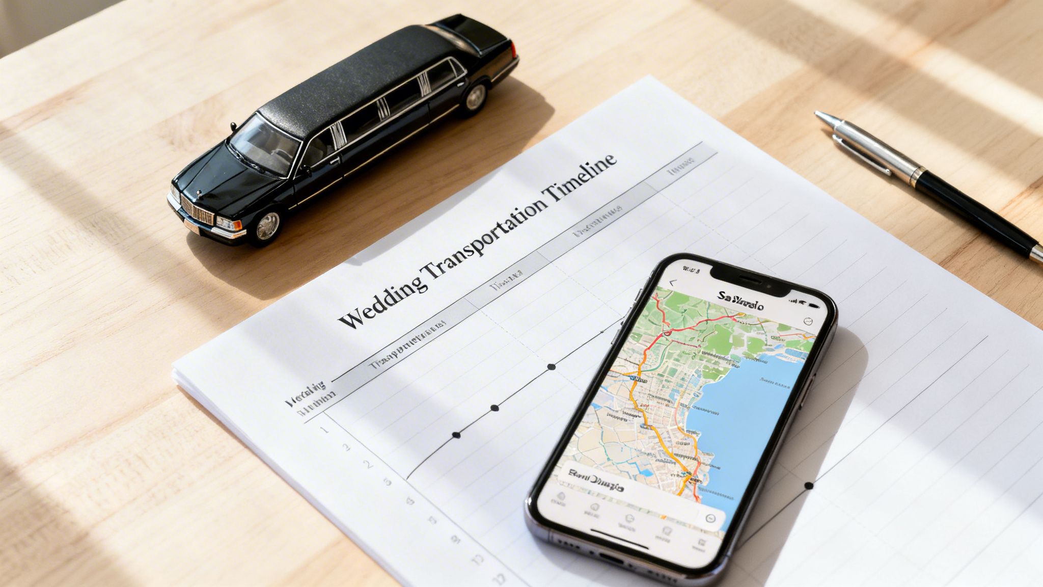 A toy black limousine, a wedding transportation timeline document, and a smartphone displaying a map on a wooden table.