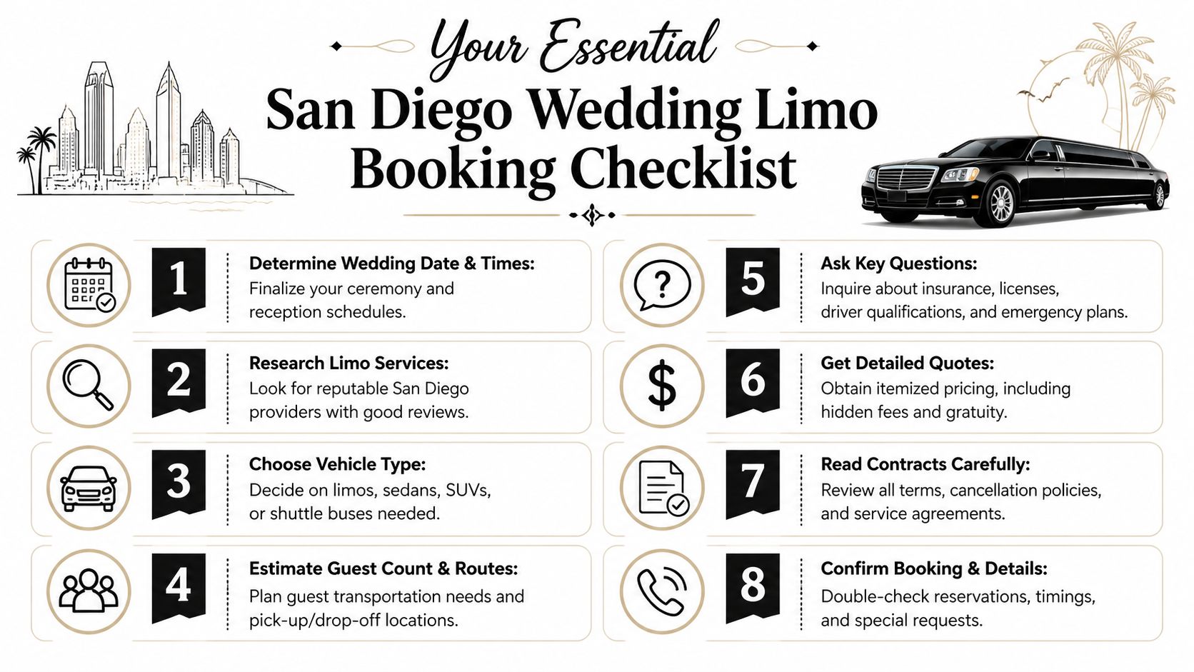 An infographic checklist for booking a professional wedding limo service in San Diego, California.