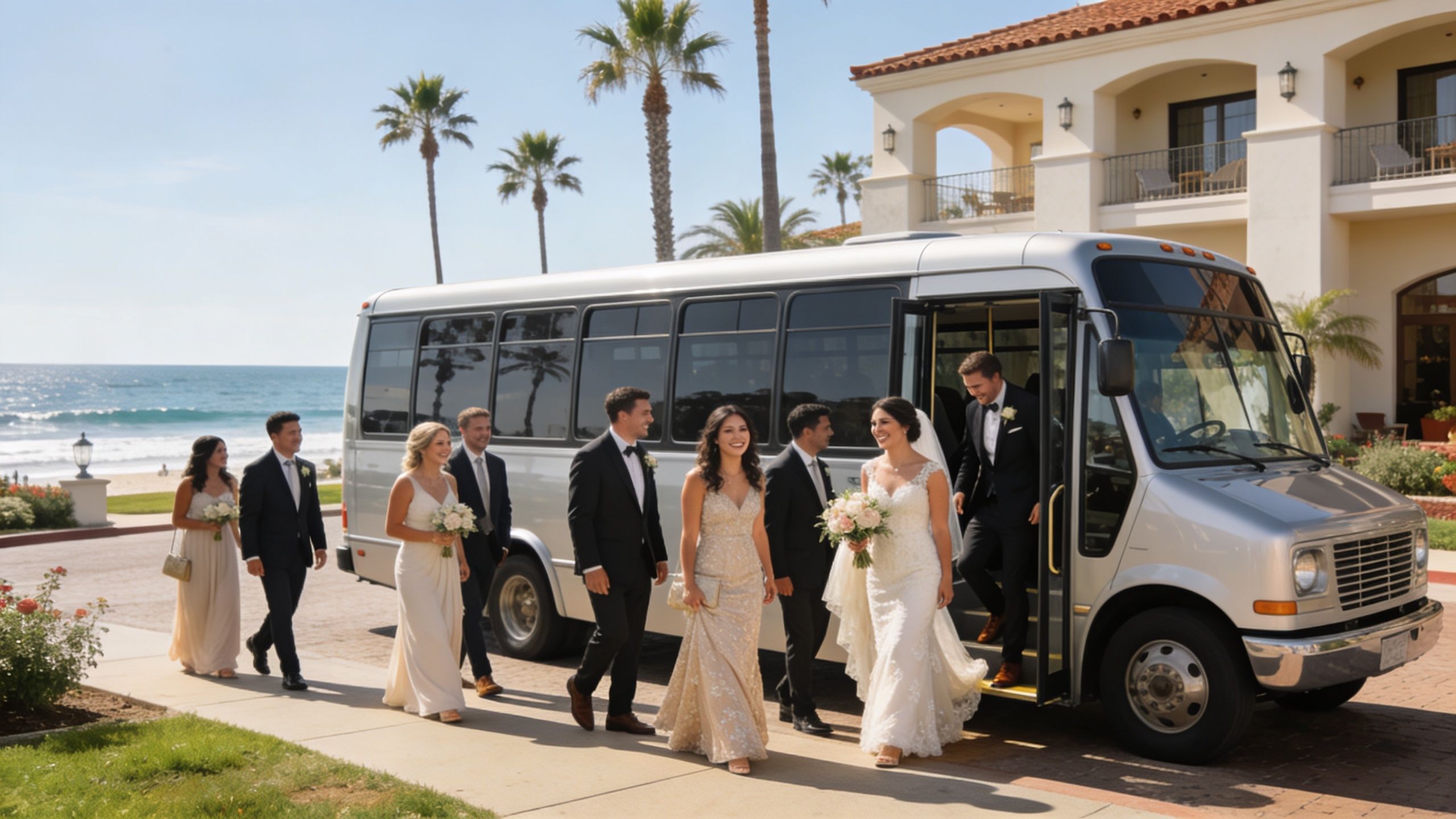 A wedding party in formal attire walking away from a shuttle bus at a beach resort.