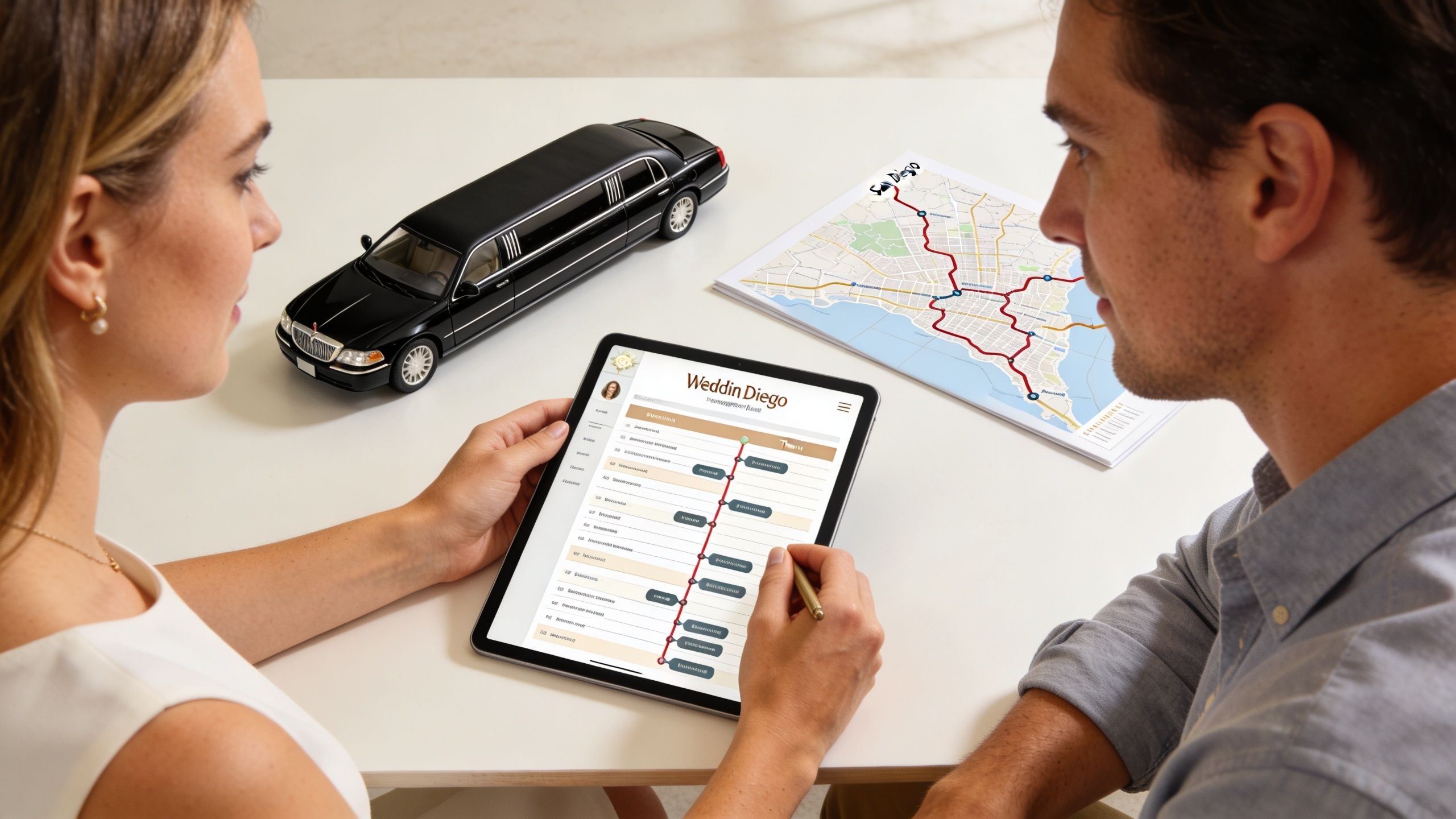 A couple planning wedding transportation details using a digital tablet and a map of San Diego.