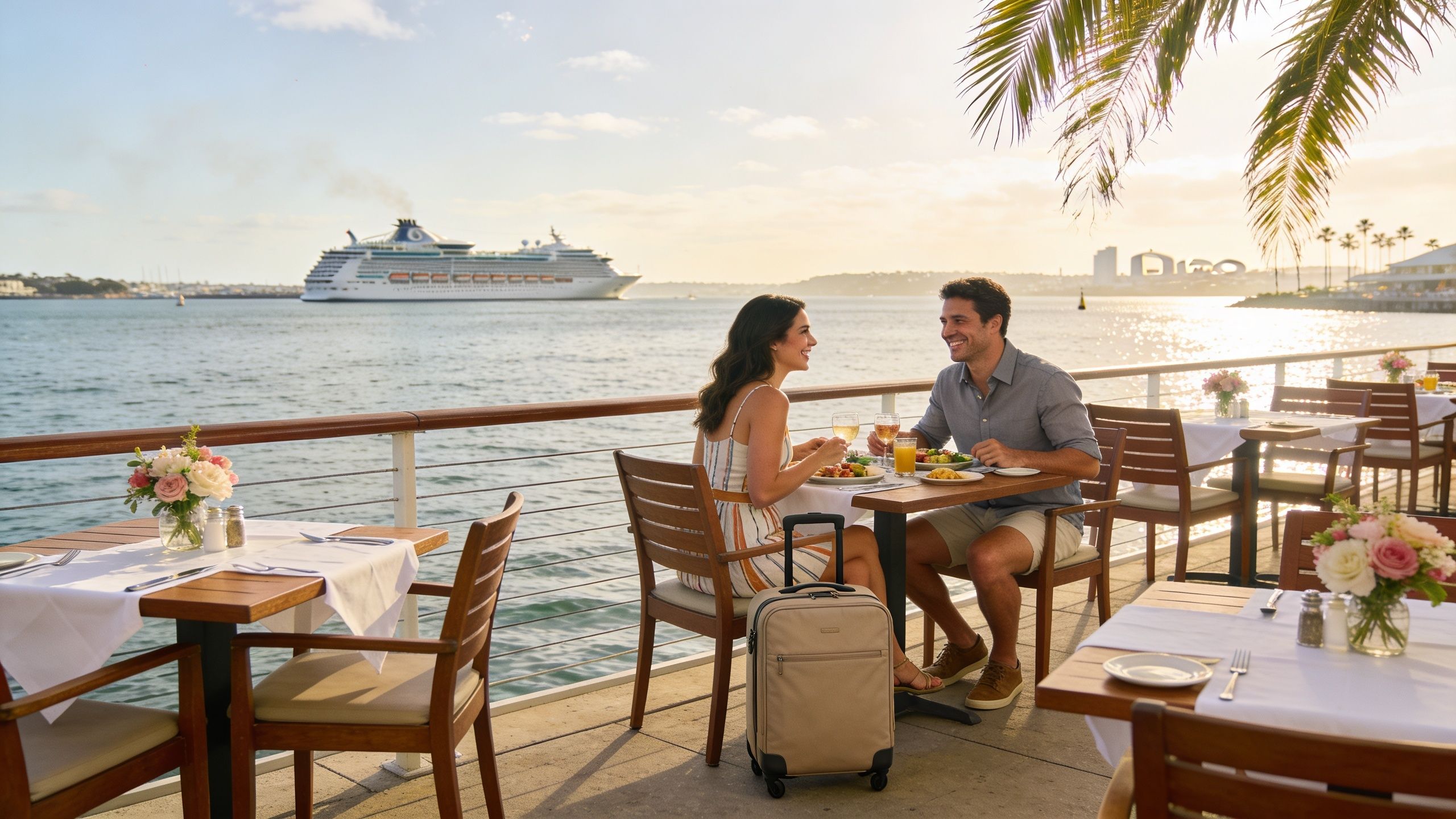 A couple dining outdoors by the water with a large cruise ship in the background during sunset.