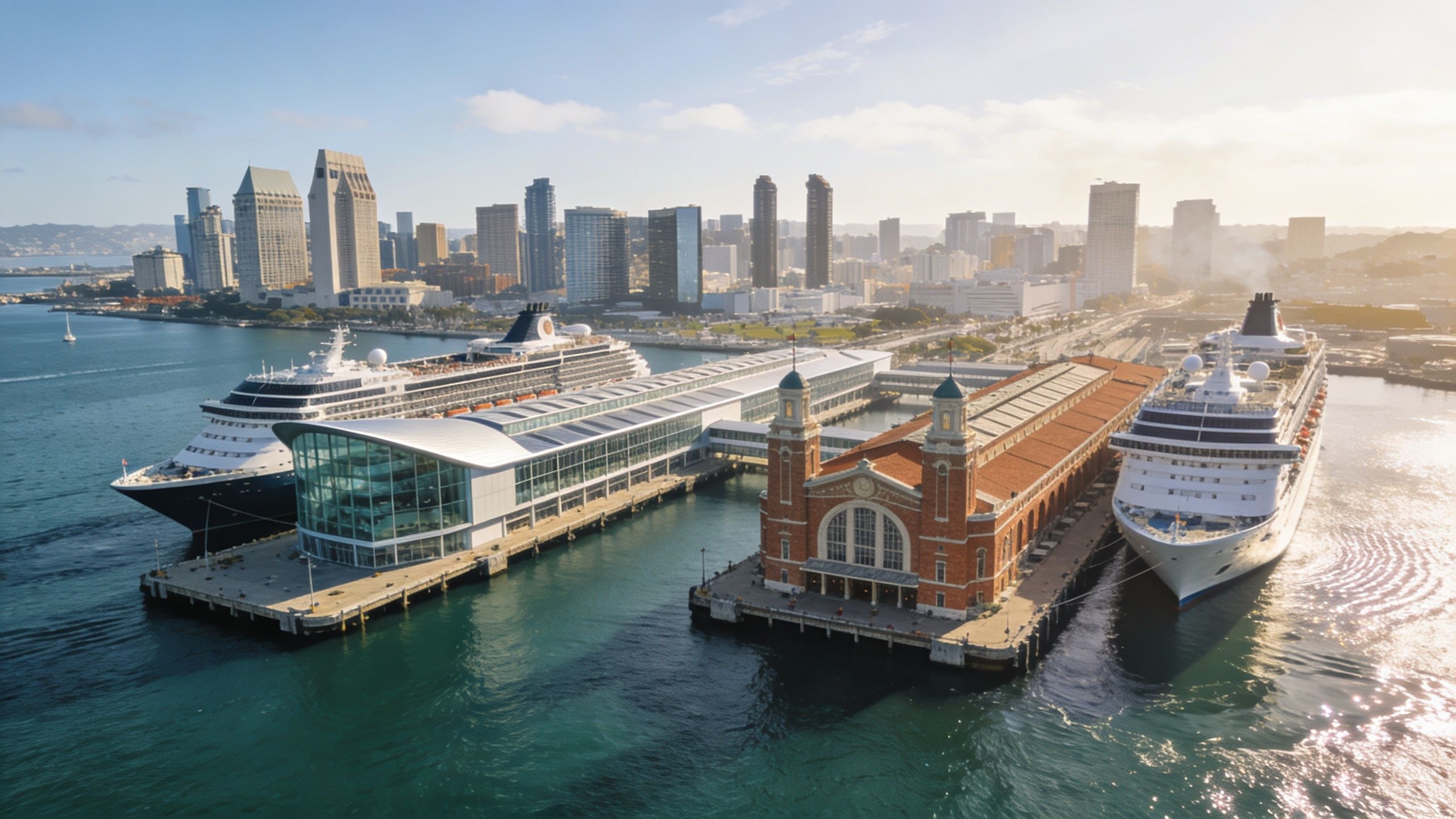 Aerial view of the San Diego cruise ship terminal with two large cruise ships docked at the piers.