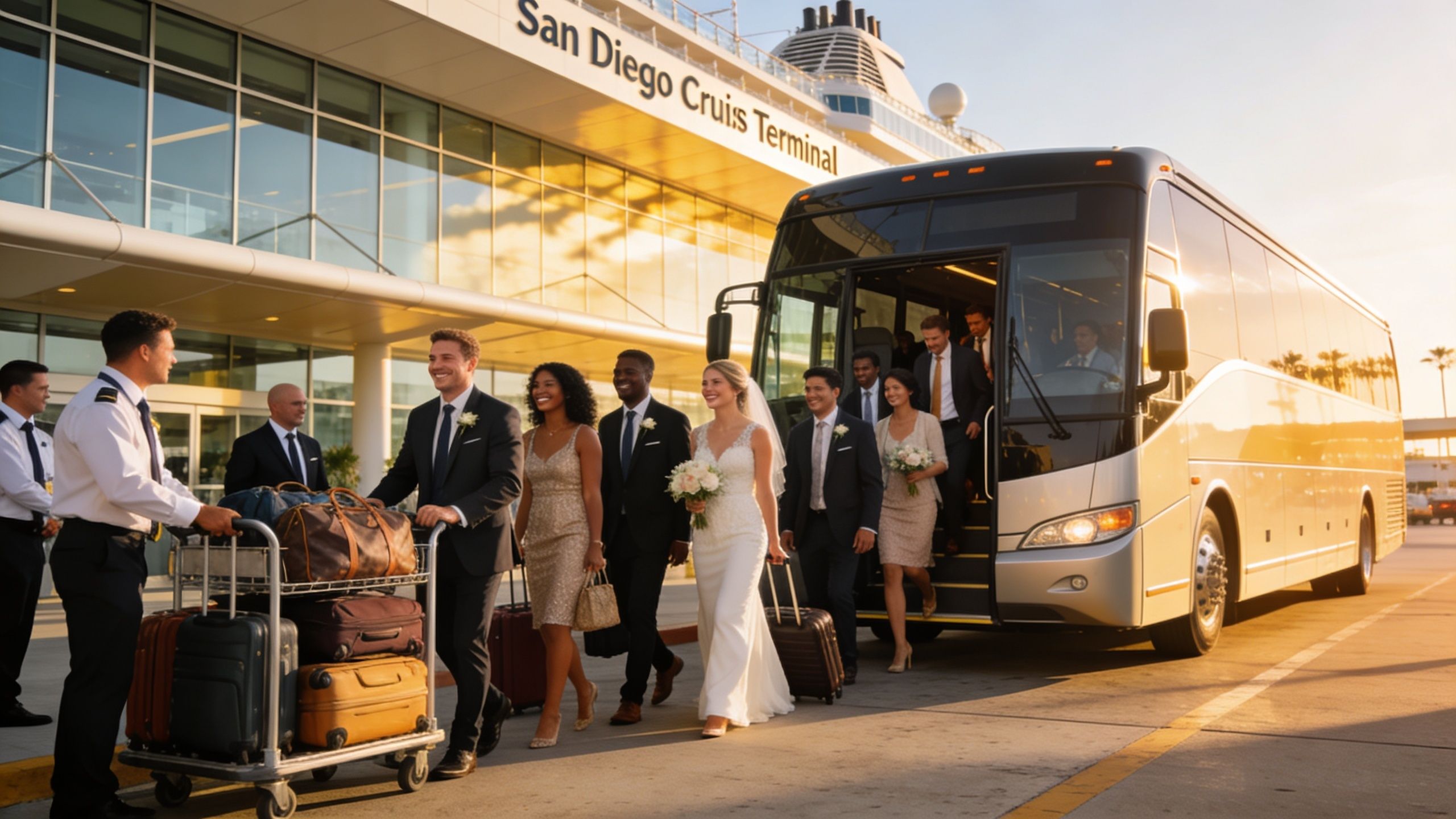 A wedding party arrives at the San Diego Cruise Terminal, stepping off a charter bus with luggage.