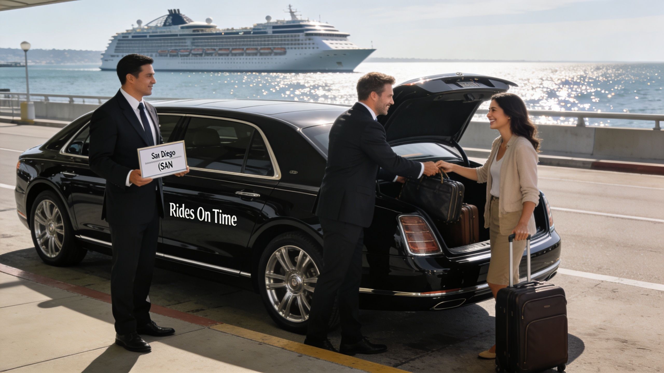 San Diego Airport to Cruise Ship Terminal: Effortless San 4 Rides On Time A chauffeur greeting a woman with luggage at a black luxury car near the San Diego cruise terminal.