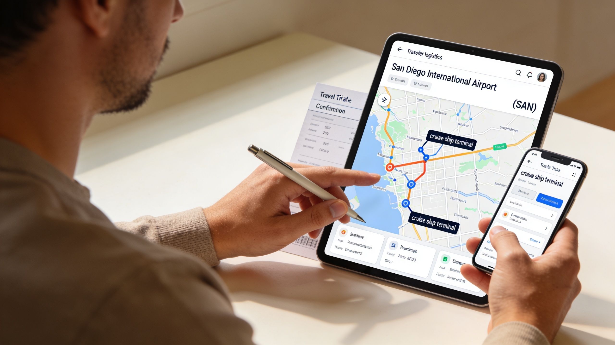 San Diego Airport to Cruise Ship Terminal: Effortless San 3 Rides On Time A person using a tablet and smartphone to plan transportation from San Diego International Airport to cruise terminals.