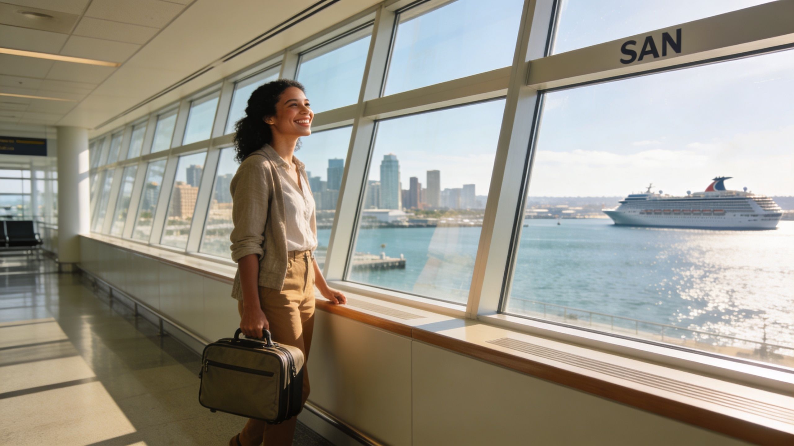 San Diego Airport to Cruise Ship Terminal: Effortless San 1 Rides On Time A woman holding a travel bag stands in the San Diego airport looking out at a cruise ship.