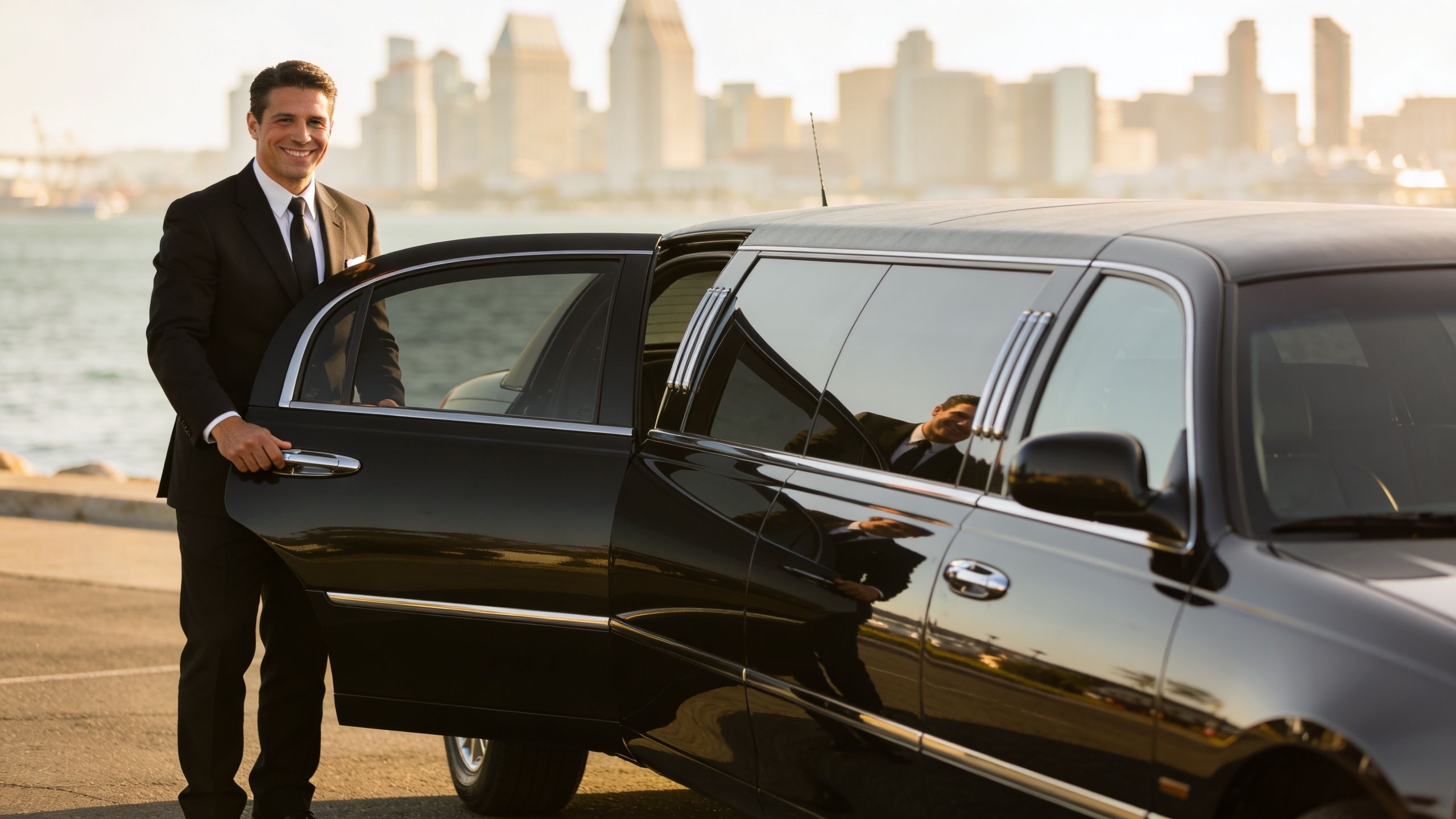 A professional chauffeur in a black suit opens the door of a limousine with the San Diego skyline behind.