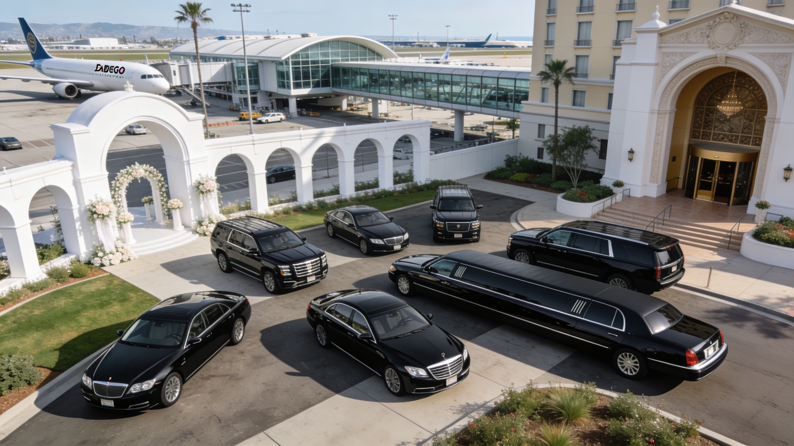 A fleet of black luxury limousines and SUVs parked at a hotel entrance near an airport runway.