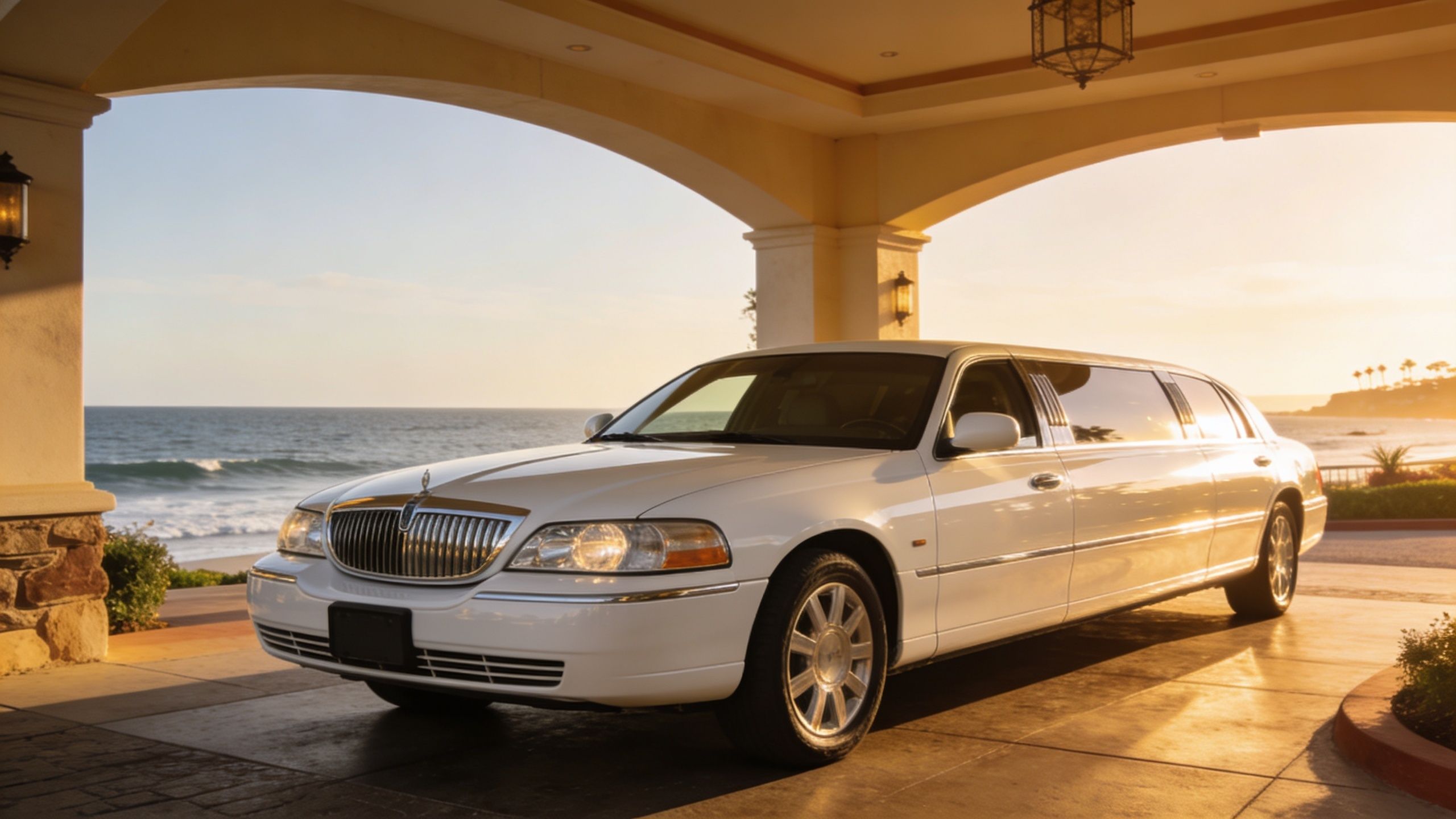 A luxurious white stretch limousine parked under a covered entrance overlooking the ocean at sunset.